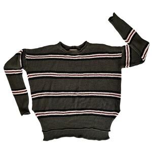 Green Oversized Waffle Knit Sweater Women's XL Red Ivory Stripe Roll Neck Cabin